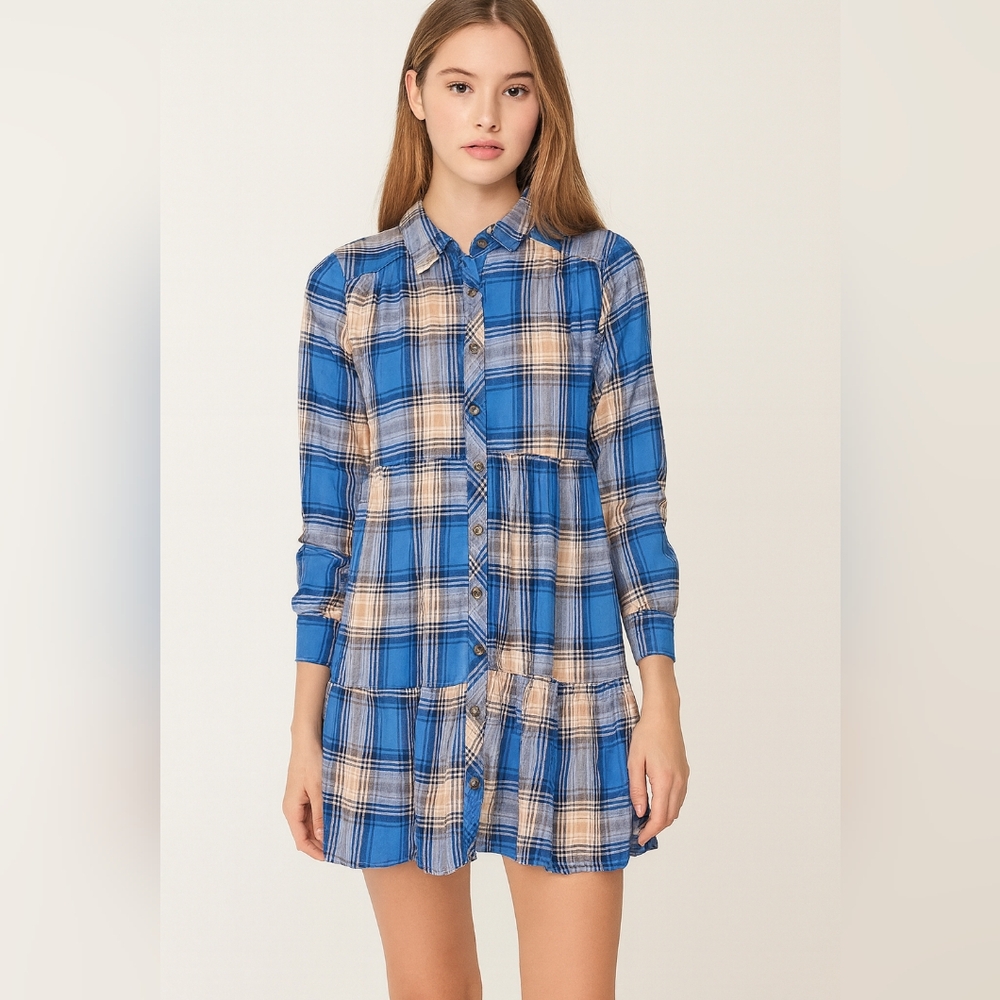 Ultra Flirt Juniors Plaid Shirt Dress Blue Beige Button Down Size Medium